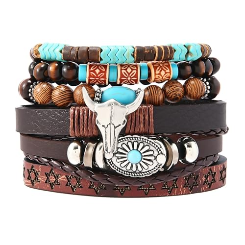 Western Outfit for Women Bohemian Vintage Stackable Turquoise Bracelet Rustic Beaded Cow Head Charm Stretch Bracelet Western Jewelry Country Concert Outfits for Women - style: Style6