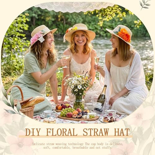 6 Sets DIY Tea Party Straw Hats Kit DIY Straw Hat for Women Blank Sun Hats - style: French Flat Brim
