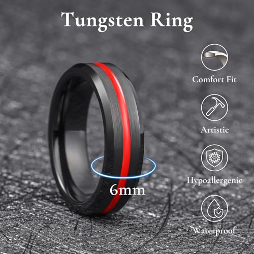 King Will Mens Tungsten Rings for Men Two Tone Grooved Mens Wedding Band Cool - color: Black & Red 6mm