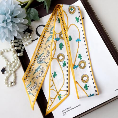 JERLA 100% Mulberry silk Scarf bag scarf Head Hair Ribbon Handbag Handle wrap Tie Bundle Neckerchief Scarf for women - color: Bellwort Yellow and White