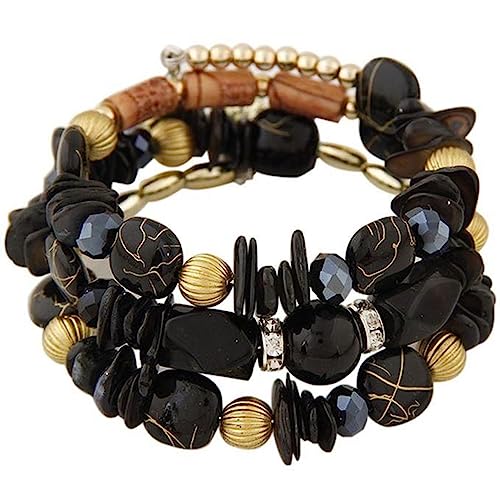 Women Beaded Bracelet Set | Colorful Boho Stackable Trendy Design with Crystal Accents Multilayer Bangle Bracelet | Fashion Stretch Braclets Jewelry for Women - color: Black.