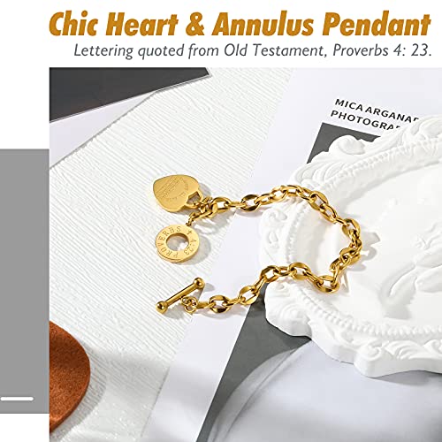 Emibele Heart Charm Bracelet for Women, Bible Verse Bracelet Stainless Steel 18K Gold Plated Bracelet Love Pendant Link Chain OT Clasp, Birthday Christmas Jewelry Gift for Mother Her - color: Gold