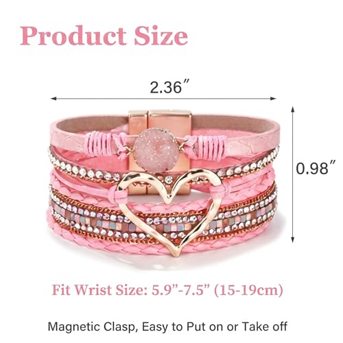 Long tiantian Leather Bracelets for Women Warp Bracelet Stackable Boho Layered Bracelet Chunky Heart Trendy Birthday Gifts for Her - color: B32:Boho Bracelets for Women Stackable(Pink)
