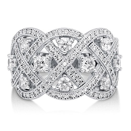 BERRICLE Sterling Silver Woven Art Deco Statement Cocktail Ring for Women, Cubic Zirconia CZ