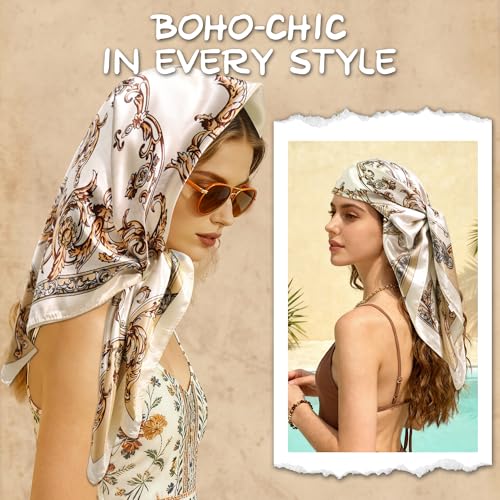 Large Square Head Scarf Bandana - 35" Satin Hair Scarf for Women Like Silk Scarf Fashion Hair Wrapping - color: Baroque Scroll(ivory Gold), size: 35IN*35IN