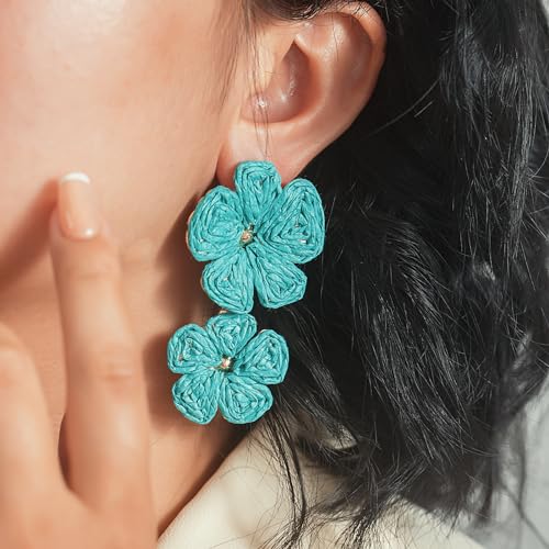 Boho Flower Earrings Statement Raffia Dangle Earrings Cute Floral Jewelry Trendy Summer Beach Vacation Outfits for Women - color: Teal