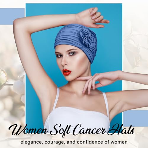 JenPen 4 Pcs Cotton Chemo Headwear for Women Turban Soft Cancer Head Scarf Hats Beanie Elastic Hair Wraps - color: Black, Gray, Wine Red, Blue