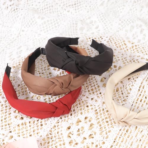 DRESHOW Women's Headbands, 4 Pcs Knotted Non Slip Fashion Hairbands for Girls, Solid Boho Wide Top Knot Hair Hoops Hair Accessories - color: 4 Pcs: Burgundy, Coffee, Beige, Black