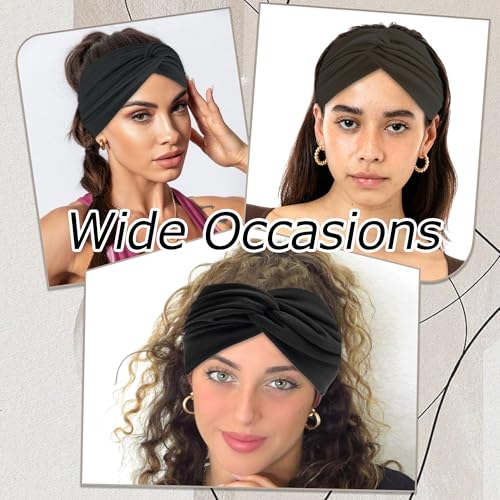 4 Pack Wide Headbands for Women Twist Headbands Stretchy Boho Turban Hair Band Non Slip Workout Women Head Wraps Accessories (Black) - color: Black
