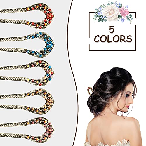Waydress 5 Pcs Vintage Hair Fork French Hair Pin for Buns Metal Chignon Pin Chopsticks Crystal Rhinestone Double Prong Hairpin Stick U Shaped Bun Accessories for Women(Elegant Pattern)