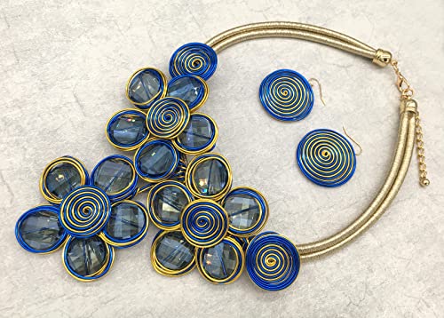 Statement Chunky Flower African Necklace For Women Tribal Fashion Costume Jewelry Earring Sets Unique Big Colorful Rhinestone Crystal Pendent Collar Choker Bib Handmade - color: Three Flowers Blue + Gold