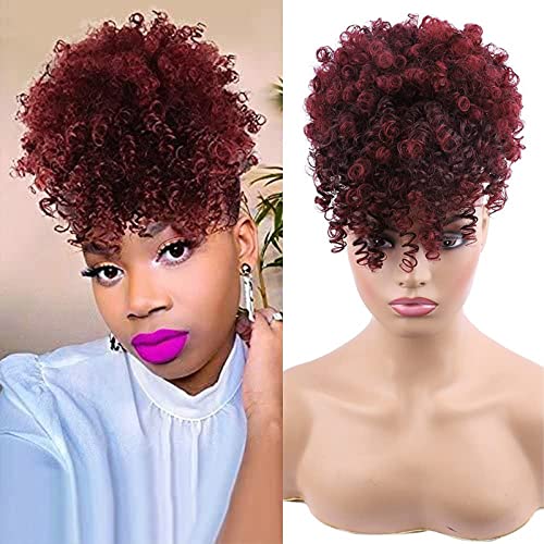 Drawstring Ponytail with Bangs - Afro Puff Extensions for Women - Short Curly Clip in Wrap Updo Hairpiece (TBUG) - color: TBUG