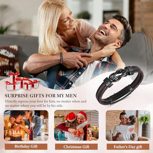 MEALGUET Men's Bracelets Gifts for Men - Brown Braided Leather Infinity Knot Bracelets Engraved Love Massage for Son Man Husband Boyfriend, Mens Bracelet Jewelry Gift for Birthday Valentine's - style: *** Customized it ***