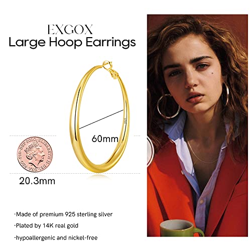 EXGOX Sterling Silver Hoop Earrings - Hypoallergenic, Lightweight, Chunky, 14K Real Gold Plated, Big Large Hoops for Women - color: Chunky&Gold hoop 60mm