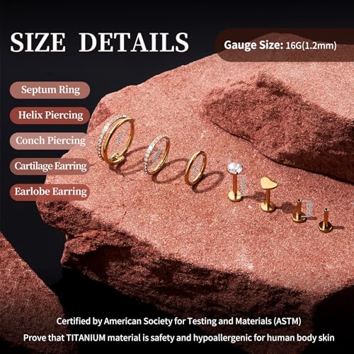 G23 Titanium 3PCS/7PCS 16G Cartilage Double-Hoop Helix Conch Piercing Jewelry With Cubic Zirconia Flat Back Stud Earrings Set For Women Men - color: A-7PCS-Gold-16G