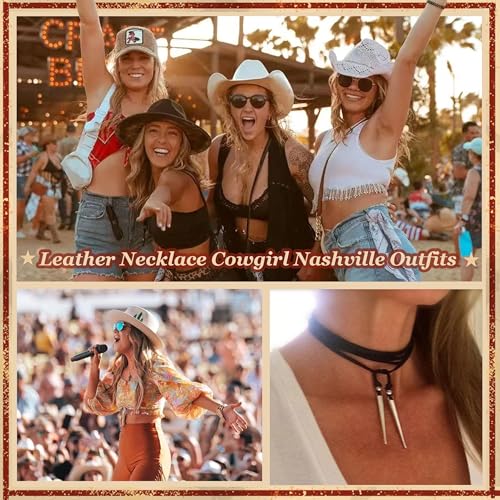 Boho Outfits for Women Boho Necklaces Country Concert Outfits Nashville Western Jewelry Choker Necklaces Long Leather Necklace Western Dress Jewelry Country Cowgirl Accessories Gifts - color: S:Black Y Necklace