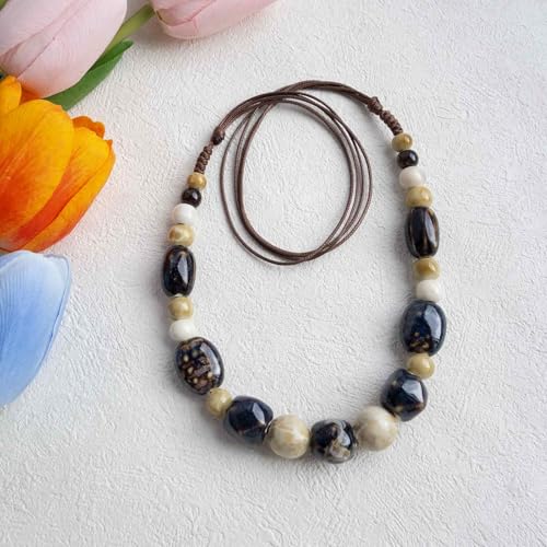 Boho Round Colorful Ceramic Beaded Necklace, Adjustable Hippie Statement Necklace, Handmade Ethnic Jewelry Gift for Women - color: Brown and Beige