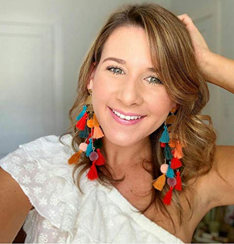 Long Tassel Earrings for Women Colorful Fringe Drop Dangle Earrings Bohemian Hawaiian Summer Beach Jewelry for Womens Vacation Outfits - color: Dark Colorful