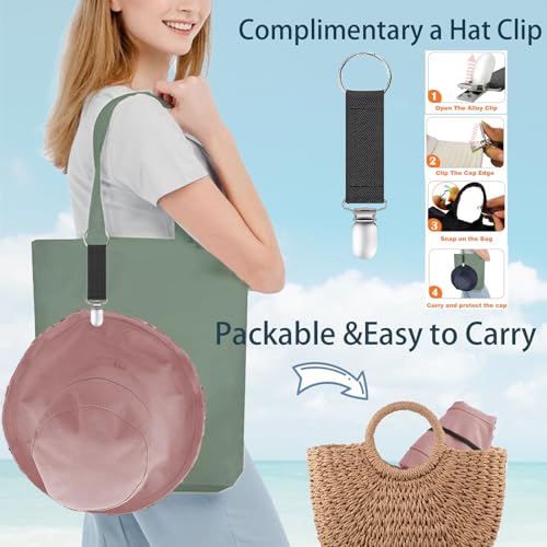 vidsel Womens Sun Hats Wide Brim Reversible Bucket Cotton Hat Packable Summer Travel Cap with Hat Clip,UV Protection - color: Pink, size: Medium