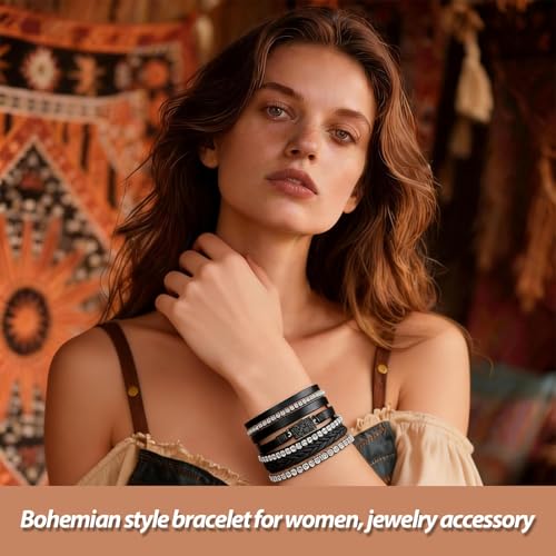 Long tiantian Leather Wrap Bracelets Boho Bracelets for Women Rhinestone Leather Bangles Boho Western Outfit Accessories Jewelry Gifts - color: black
