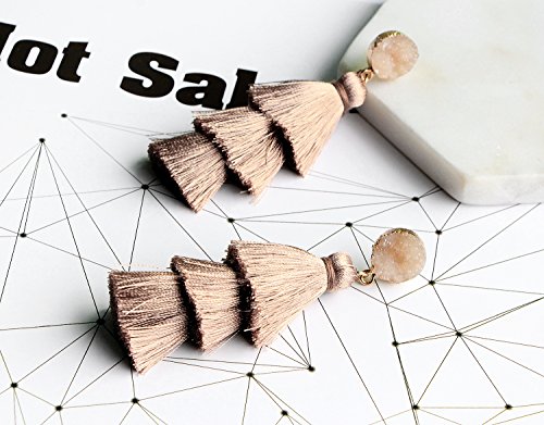 Me&Hz Colorful Layered Tassel Earrings Bohemian Statement Tiered Tassel Big Dangle Drop Earrings for Women Druzy Studs Valentine’s Day Gift - color: Khaki