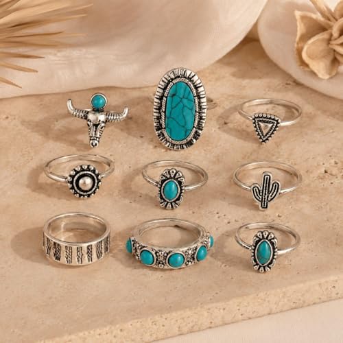 Turquoise Stackable Rings for Women, Adjustable Boho Jewelry Set, Vintage Fashion Accessories