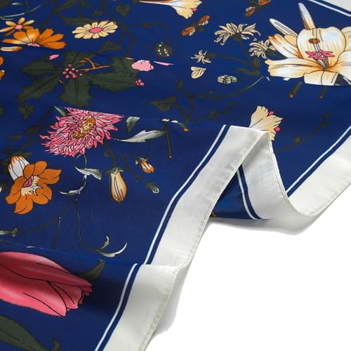Stlvoll 27.5" Silk Neck Scarf of Women's Fashion Head Scarf Square Neck Satin Scarfs for Bag Hair Scarves Gift - color: Flower/Navy Blue
