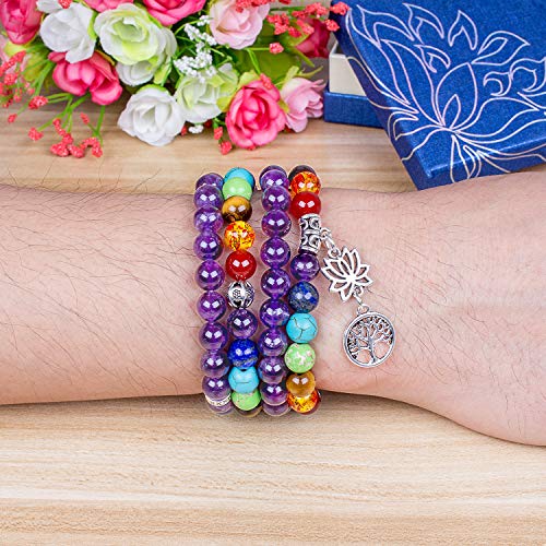 108 Mala Beads Necklace 7 Chakra Buddhist Prayer Beaded Bracelet Tree of Life Pendant Stone Yoga Necklace - color: Amethyst-Lotus-Tree