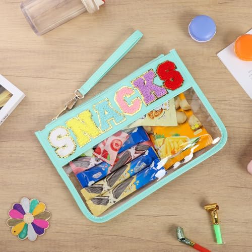 Clear Snack Bag for Travel, Chenille Letter Clear Zipper Snacks Pouch Nylon Cosmetic Bag Makeup Travel Bag for Women - color: Green