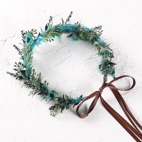 Blue Flower Crown Accessories - Elf Floral Headband Fairy Flower Accessories for Women Girl Birthday Wedding Party Photo Props - color: Feather-Blue