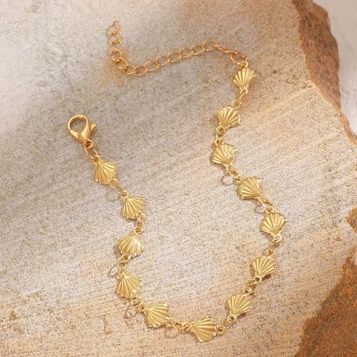 Statement Gold Small Beaded Seashell Chain Bracelet for Women, Dainty Simple Ocean Beach Sea Shell Bracelets Non Tarnish Boho Hawaii Vacation Jewelry