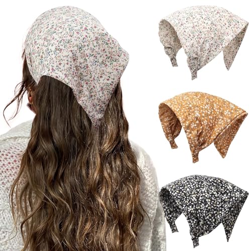HAIMEIKANG Floral Hair Scarf Headbands for Women Boho Bandanas for Women Triangle Kerchief Solid Color Hair Bands Vintage Head Scarf (Beige+Yellow+Black) - color: Beige+Yellow+Black