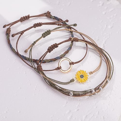 FANCY SHINY Easter Gifts Basket Stuffers Sunflower String Bracelet Boho Braided Rope Wrap Bracelets Cute Summer Beach Surfer Jewelry for Women - color: Neutral