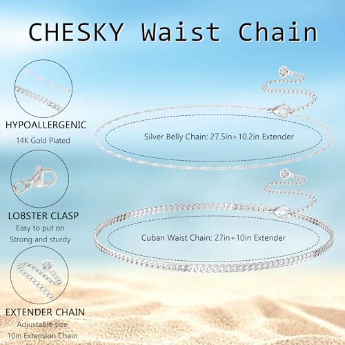 CHESKY 14K Gold Plated Silver Plated Waist Chain for Women, Layered Belly Belt Chains Beach Waist Beads Chain Waterproof Snake Cuban Body Chain Summer Jewelry Accessories for Women - style: cuban wave-sl