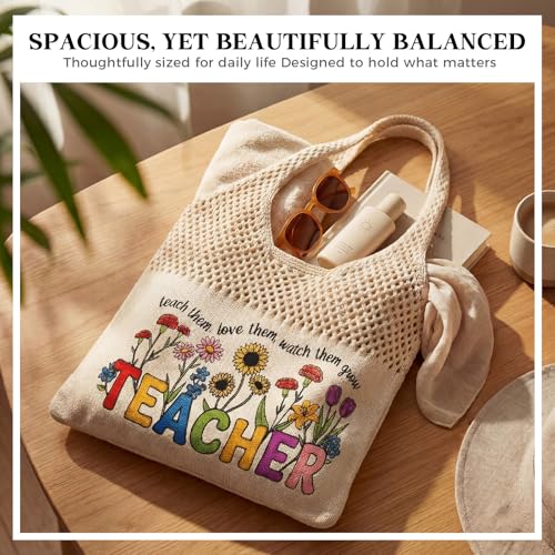 Shinylin Personalized Crochet Tote Bag for Beach Women Beige Mesh Knit Shoulder Bag Boho Aesthetic Tote for Women - style: Teacher Flowers