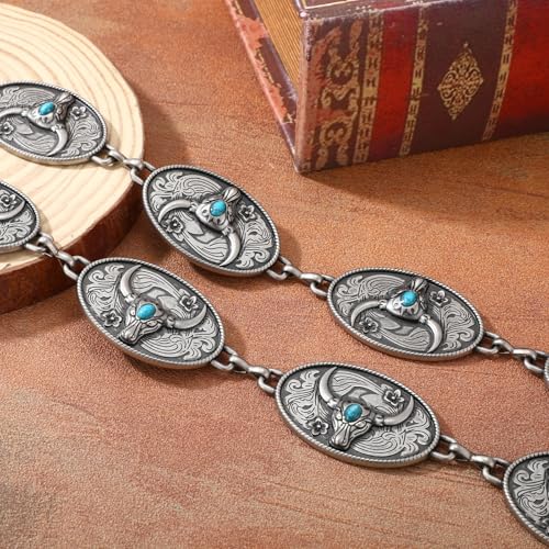 XZQTIVE Women Boho Chain Belts For Dresses Jeans Western Cowgirl Waist Links Belt Adjustable Metal Concho Belt - size: Fit Waist upto 36inches, style: Bull Turquoise Silver