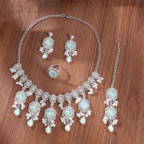 Luxury Waterdrop Rhinestone Pearls Tassel Charm Necklace Earrings Ring Maang Tikka Jewelry 4PCS Set Oxidized Antique Silver Flower Choker Ethnic Indian Retro Crystal Bollywood Bridal Wedding for Women - color: Blue