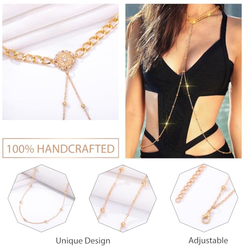 Bounzhi Rhinestone Crossover Body Chain Bra Shiny Crystal Chest Harness Bikini Body Jewelry - style: Bead-Gold