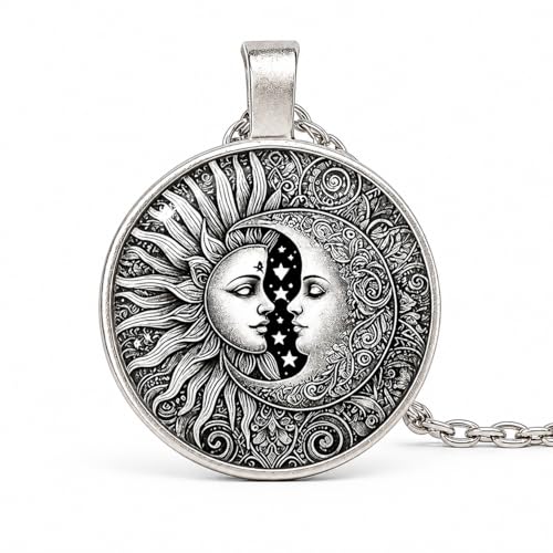 1pc Stunning Round Pendant Necklace - Unique Sun & Moon Pattern, Oil Painting Style Glass Mosaic, Alloy Construction, Trendy Sweater Chain, Fashionable Gift for Women - Christmas or Birthday Gift - color: Gray Sun/Moon Silver Chain