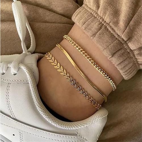 MIDEEO Gold/Silver Ankle Bracelets for Women,14K Gold Anklets for Women Waterproof Cuban Link Heart Beads Herringbone Rhinestone Anklets Set Layered Anklet Bracelets for Women Gold Jewelry Gift - style: 3Pcs Anklets C-Gold