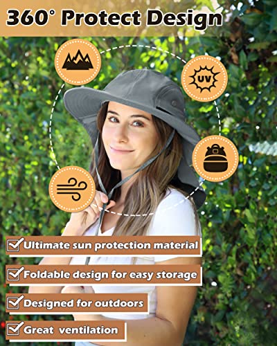 Tirrinia Wide Brim Sun Hat with Neck Flap for Men & Women, Breathable Hiking Fishing Safari Hat, Outdoor UV Protection Cap - color: # Dark Grey