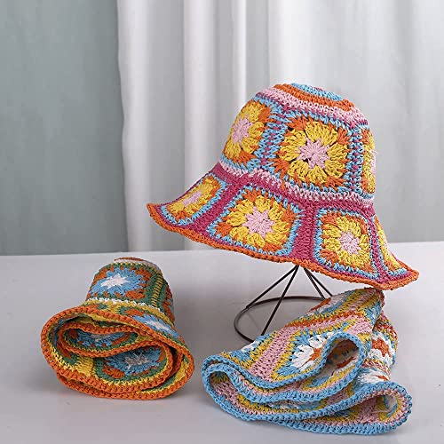 Women Straw Sun Hat Floral Woven Crochet Bucket Hat Y2k Aesthetic Accessories Beach Hat Hand Woven Boho Foldable Cap - color: Pink