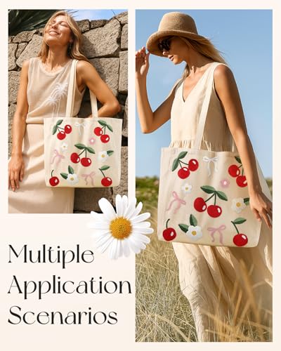 Miss Adola Embroidery Tote Bag with Pocket & Buckle - Reusable Canvas Tote for Women Cute Aesthetic Work Shopping Grocery Bag - style: Cherry