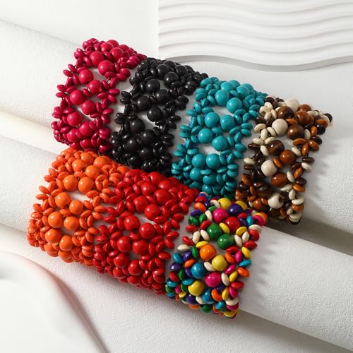 Bohemian Wooden Bead Bracelets Boho Colorful Handmade Elastic Stretch Bracelets Design for Women Summer Beach Festival Jewelry - color: Brown