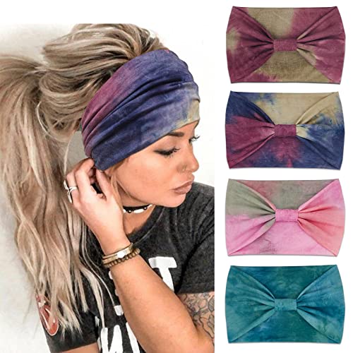 YONUF Wide Boho Headbands for Women Fashion Knotted Headband Yoga Workout Hair Accessories African Head Wrap Red Tie Dye 4 Pack - color: Red Tie Dye