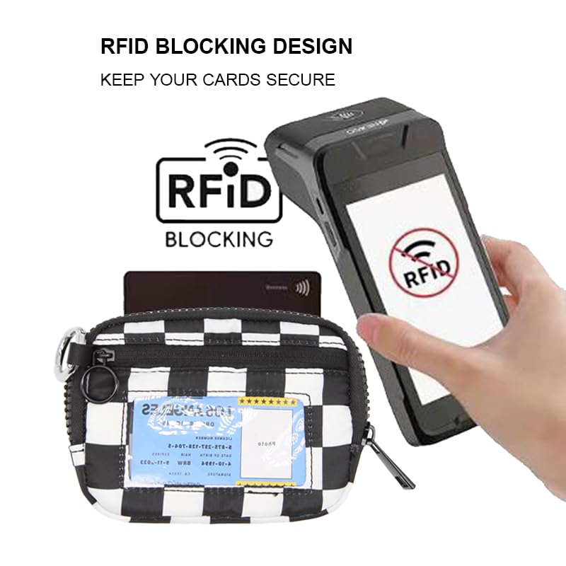 Wristlet Wallet for Women Mini Zip Card Case with Clear ID Window Zipper Coin Purse Lightweight Portable Keychain Wallet - color: Black White