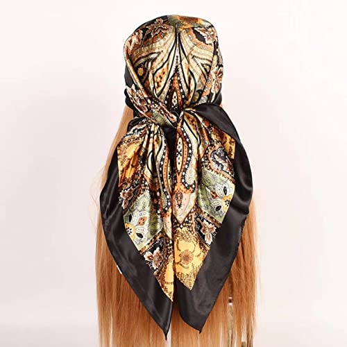 35 x 35 Women's Fashion Pattern Large Square Silk Like Hair Scarf Head Sleeping Wrap Satin Neck Bandana for Gift… - color: Large Cashews - Black