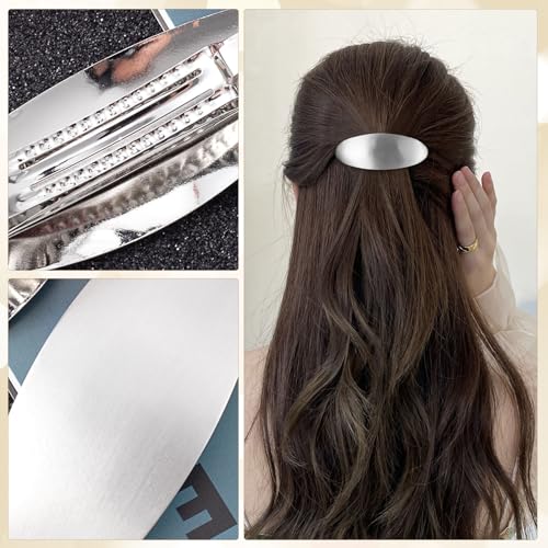 HINZIC 3inch Oval Hair Barrette Metal Large Hair Clip Vintage Silver French Wedding Prom Formal Hair Accessories for Women Long Thick Hair - color: Silver