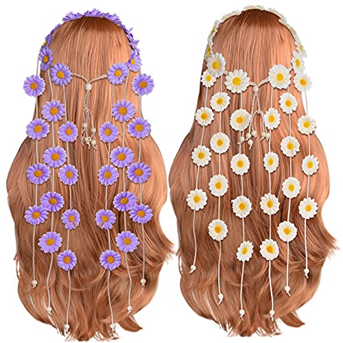 Sucrain 2pcs Flower Hippie Headband Floral Crown Summer Sunflower Hair Accessories for 70 s Bohemian Costumes Style for Women (Beige+Purple) - color: Beige+Purple