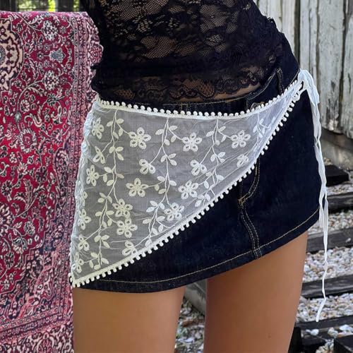 Women Y2K Lace Fringe Hip Scarf Boho Triangle Tassel Waist Cover Up Skirt Wrap Sheer Tie Belt Aesthetic Streetwear - color: J White